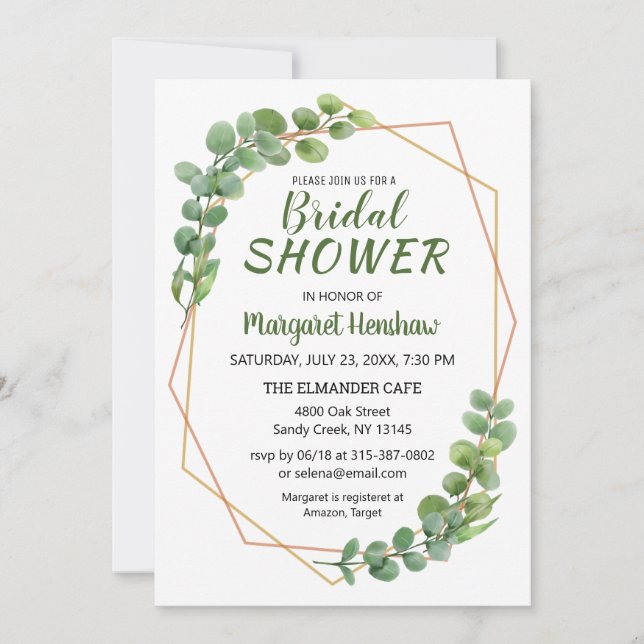 Geometric Greenery Eucalyptus Modern Bridal Shower Invitation (Front)