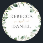 Geometric Greenery Eucalyptus Personalised Wedding Classic Round Sticker<br><div class="desc">Designed to coordinate with our Moody Greenery wedding collection,  this customisable name sticker features sage green eucalyptus watercolor foliage accented with a gold geometric frame with text in gold & grey. To make advanced changes,  go to "Click to customise further" option under Personalise this template.</div>