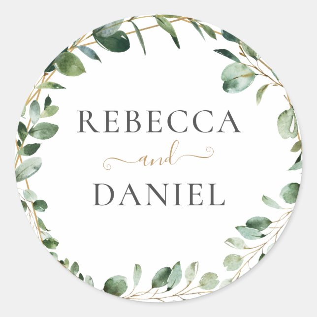 Geometric Greenery Eucalyptus Personalised Wedding Classic Round Sticker (Front)
