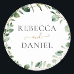 Geometric Greenery Eucalyptus Personalised Wedding Classic Round Sticker<br><div class="desc">Designed to coordinate with our Moody Greenery wedding collection,  this customisable name sticker features sage green eucalyptus watercolor foliage accented with a gold geometric frame with text in gold & grey. To make advanced changes,  go to "Click to customise further" option under Personalise this template.</div>