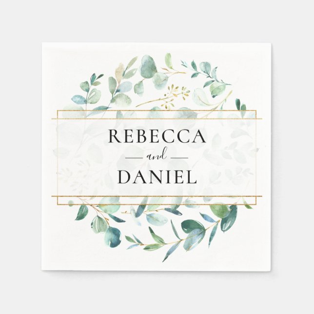 Geometric Greenery Eucalyptus Personalised Wedding Napkin (Front)