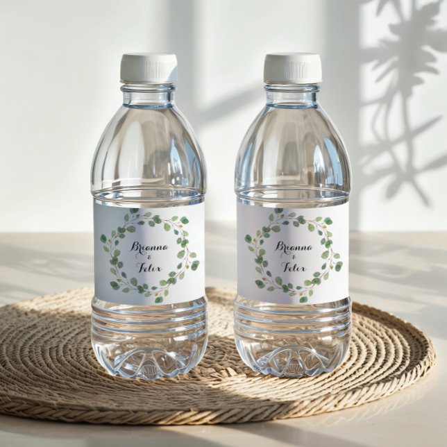 Geometric Greenery Foliage Calligraphy Wedding Water Bottle Label (Creator Uploaded)