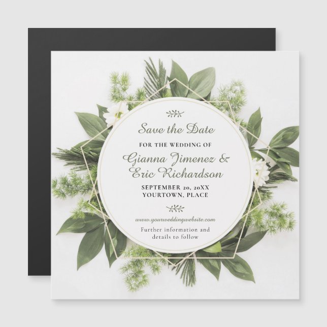 Geometric Greenery Foliage Frame Save the Date Magnetic Invitation (Front/Back)