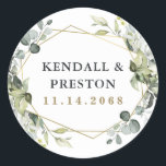 Geometric Greenery Modern Gold Succulent Wedding Classic Round Sticker<br><div class="desc">Design features eucalyptus,  succulents and greenery elements in shades of dusty sage and blue/grey with a printed gold coloured geometric terrarium border wreath frame.</div>