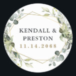 Geometric Greenery Modern Gold Succulent Wedding Classic Round Sticker<br><div class="desc">Design features eucalyptus,  succulents and greenery elements in shades of dusty sage and blue/grey with a printed gold coloured geometric terrarium border wreath frame.</div>