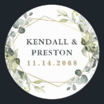 Geometric Greenery Modern Gold Succulent Wedding Classic Round Sticker<br><div class="desc">Design features eucalyptus,  succulents and greenery elements in shades of dusty sage and blue/grey with a printed gold coloured geometric terrarium border wreath frame.</div>