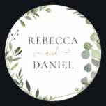 Geometric Greenery Personalised Wedding Classic Round Sticker<br><div class="desc">Designed to coordinate with our Mixed Greenery wedding collection,  this customisable sticker features a gold geometric frame adorned by watercolor greenery foliage with gold and grey text. To make advanced changes,  go to "Click to customise further" option under Personalise this template.</div>