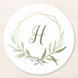Geometric Greenery Wreath Round Paper Coaster
