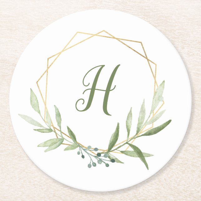 Geometric Greenery Wreath Round Paper Coaster (Front)