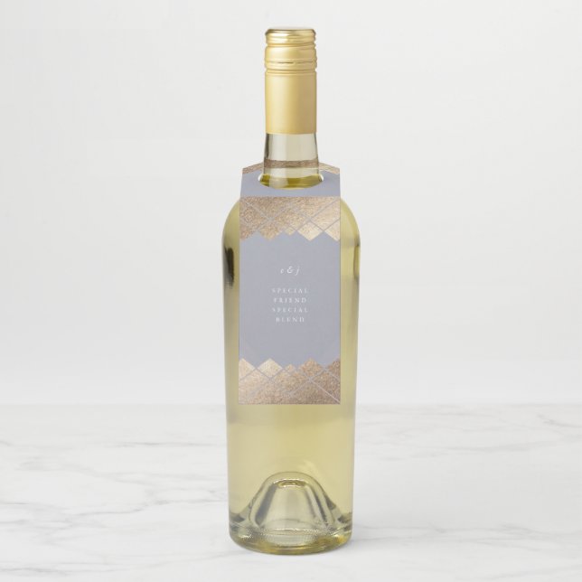 Geometric Grey Gold Gatsby Wedding Bottle Tag (On Bottle)