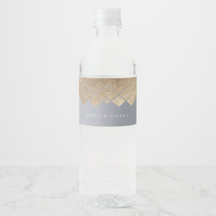 Geometric Grey Gold Gatsby Wedding Water Bottle Label