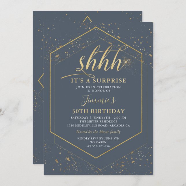 Geometric Grey Gold Surprise Birthday Invitation (Front/Back)