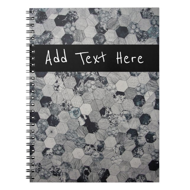 Geometric Grey, White and Black Hexagon Pattern Notebook (Front)