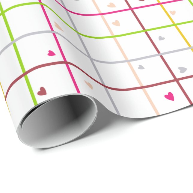 Geometric Grid Pattern with Scattered Hearts Wrapping Paper (Roll Corner)