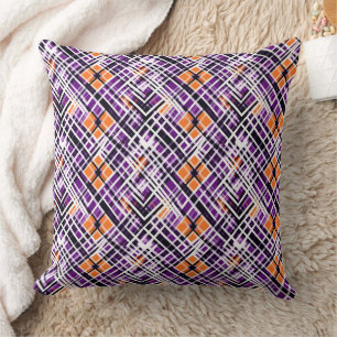 Geometric Halloween Plaid - Purple, Orange, White Cushion