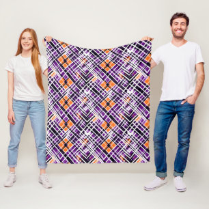 Geometric Halloween Plaid - Purple, Orange, White Fleece Blanket