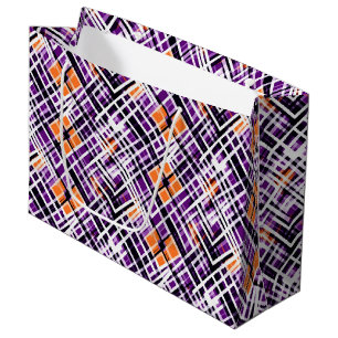 Geometric Halloween Plaid - Purple, Orange, White Large Gift Bag