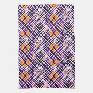 Geometric Halloween Plaid - Purple, Orange, White Tea Towel
