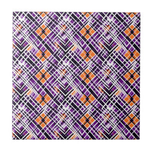 Geometric Halloween Plaid - Purple, Orange, White Tile