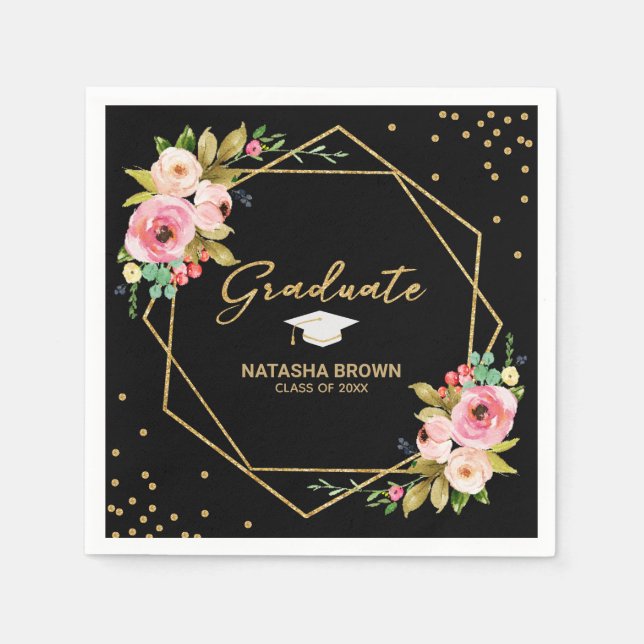 Geometric Hand Lettering Gold Glitter Graduation Napkin (Front)