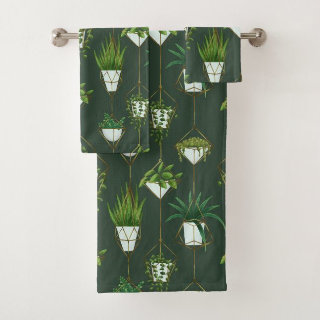 Geometric Hanging Houseplant Pattern Bath Towel Set (Insitu)