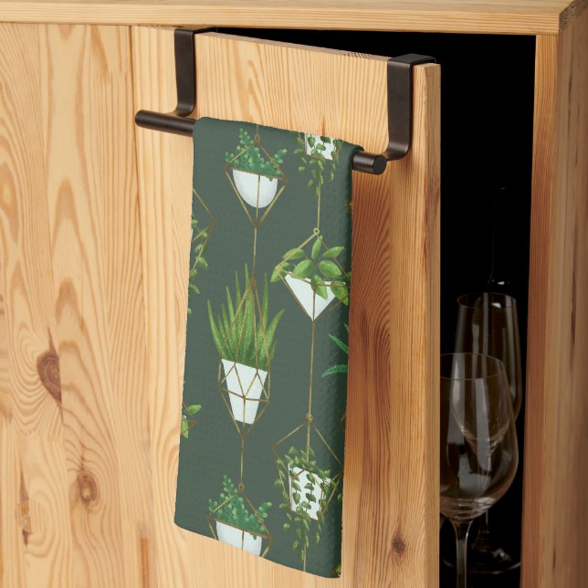 Geometric Hanging Houseplant Pattern Tea Towel (Thirds Fold)