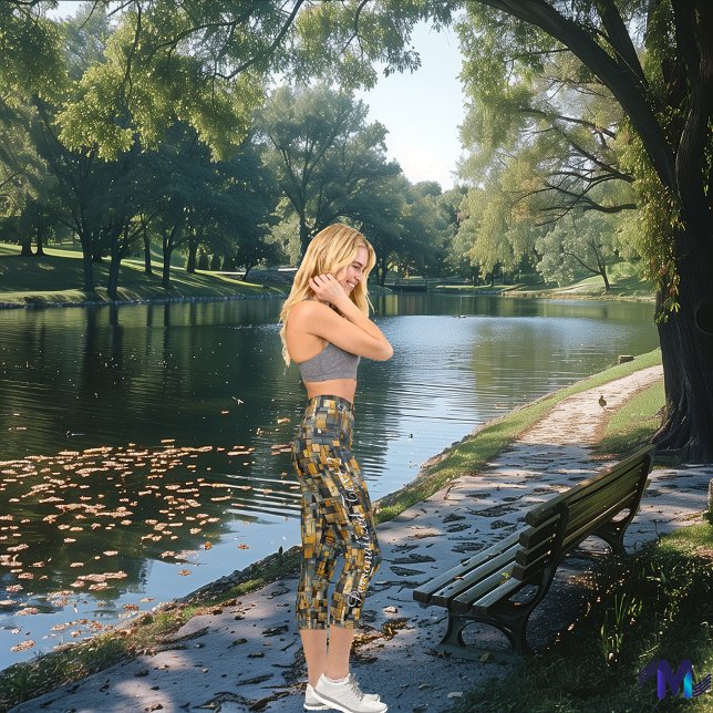 Geometric Harmony: Abstract Blue and Gold Pattern Capri Leggings (Creator Uploaded)