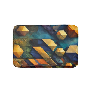 Geometric Harmony: Abstract Cubes in Gold and Teal Bath Mat