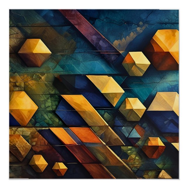 Geometric Harmony: Abstract Cubes in Gold and Teal Poster (Front)