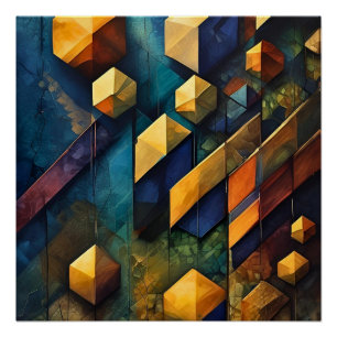 Geometric Harmony: Abstract Cubes in Gold and Teal Poster