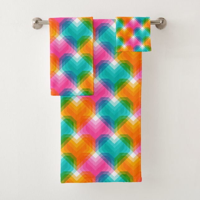 Geometric hearts in psychedelic colours (1) bath towel set (Insitu)