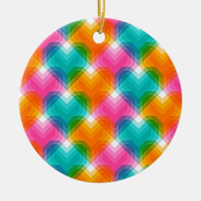 Geometric hearts in psychedelic colours (1) ceramic tree decoration (Front)
