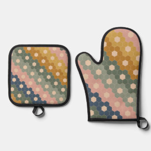 Geometric Hexagon Floral Shapes Earthy Green Pink Oven Mitt & Pot Holder Set