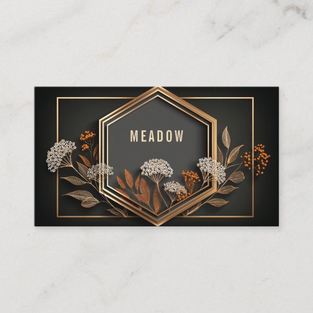 Geometric Hexagon Gold Floral Midnight Black Business Card (Front)