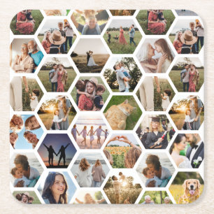 Geometric Hexagon Pattern Photo Collage Square Paper Coaster