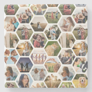 Geometric Hexagon Pattern Photo Collage Stone Coaster