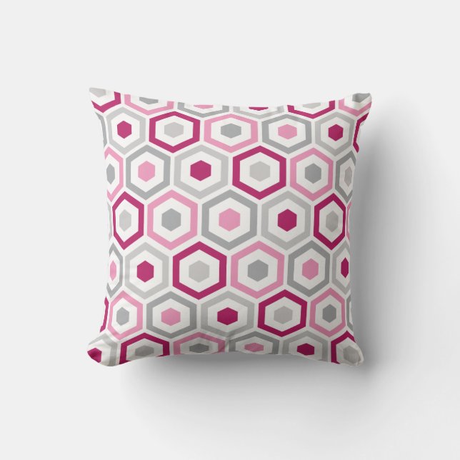Geometric Hexagon Pattern Pillow | Berry Pink Grey (Front)