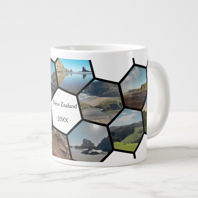 Geometric Hexagon Photo Collage New Zealand Coast Large Coffee Mug (Front Right)