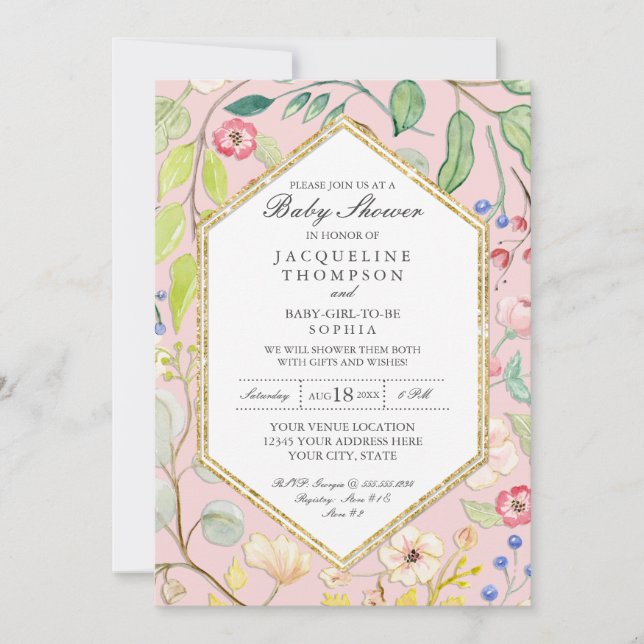 Geometric Hexagon w Pale Pastel Watercolor Floral Invitation (Front)