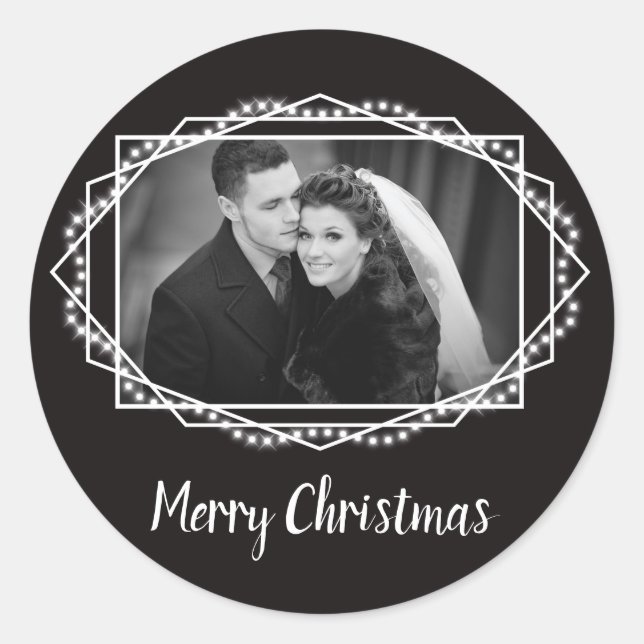 Geometric Holiday Sparkle Black Classic Round Sticker (Front)