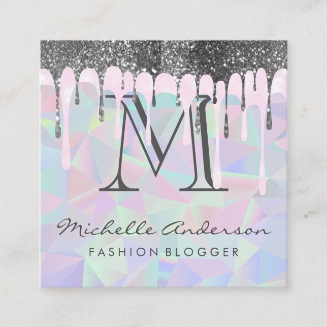 Geometric Holographic Background | Glitter Drip Square Business Card (Front)