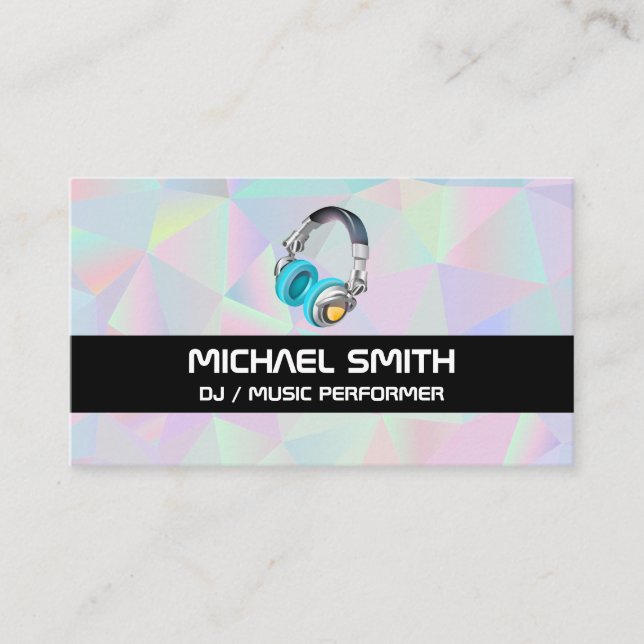 Geometric Holographic Background | Headphones Business Card (Front)