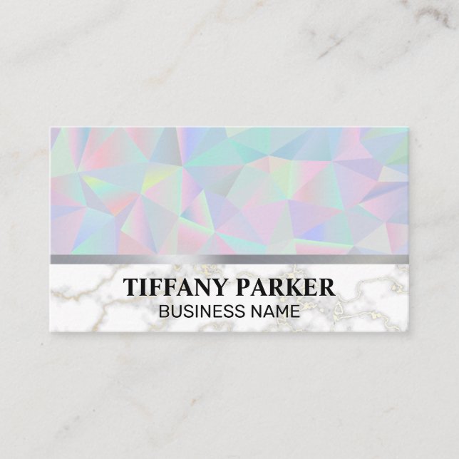 Geometric Holographic | Gold White Marble Business Card (Front)