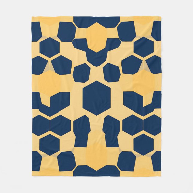 Geometric Honeycomb Hexagon Pattern Navy Blue Gold Fleece Blanket (Front)