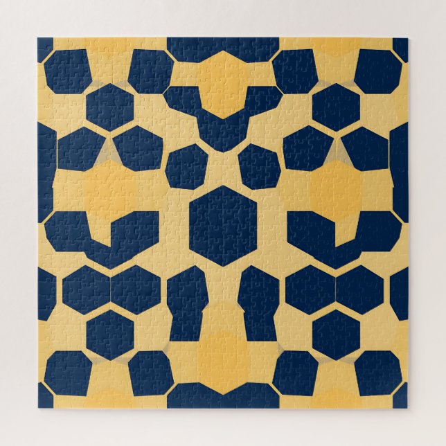 Geometric Honeycomb Hexagon Pattern Navy Blue Gold Jigsaw Puzzle (Vertical)
