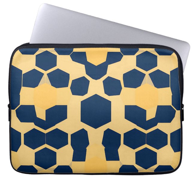 Geometric Honeycomb Hexagon Pattern Navy Blue Gold Laptop Sleeve (Front)