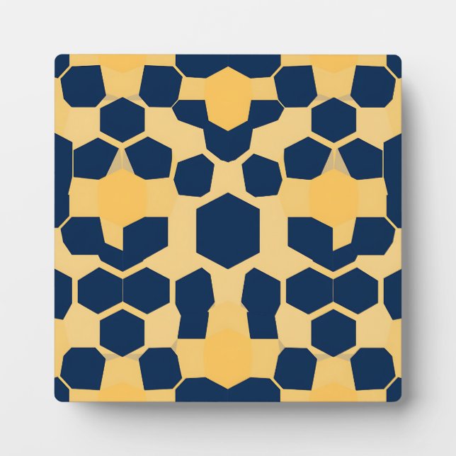 Geometric Honeycomb Hexagon Pattern Navy Blue Gold Plaque (Front)