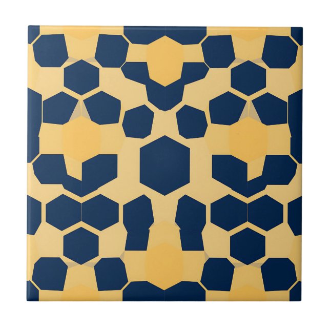 Geometric Honeycomb Hexagon Pattern Navy Blue Gold Tile (Front)