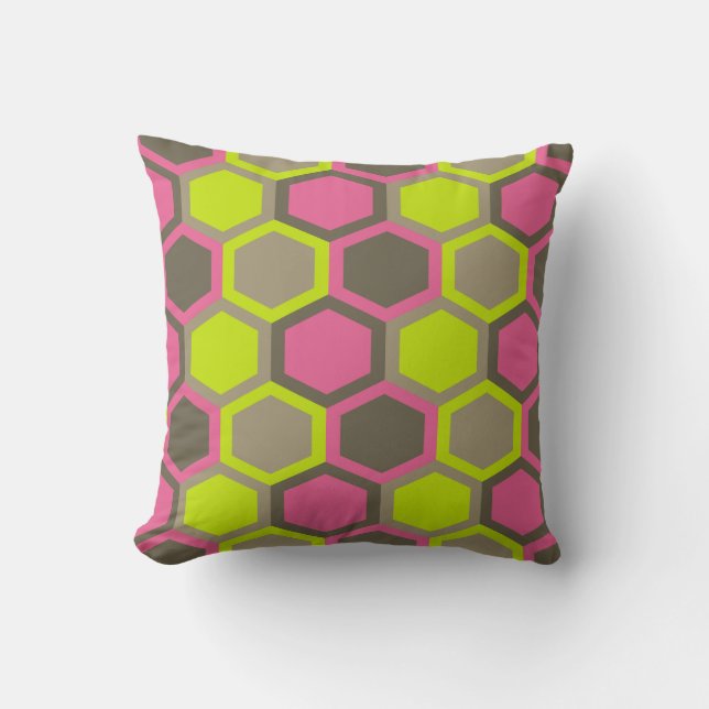 Geometric Honeycomb Pink Green Brown Pattern Cushion (Front)