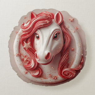 Geometric Horse Portrait in Vibrant Red and White Round Cushion